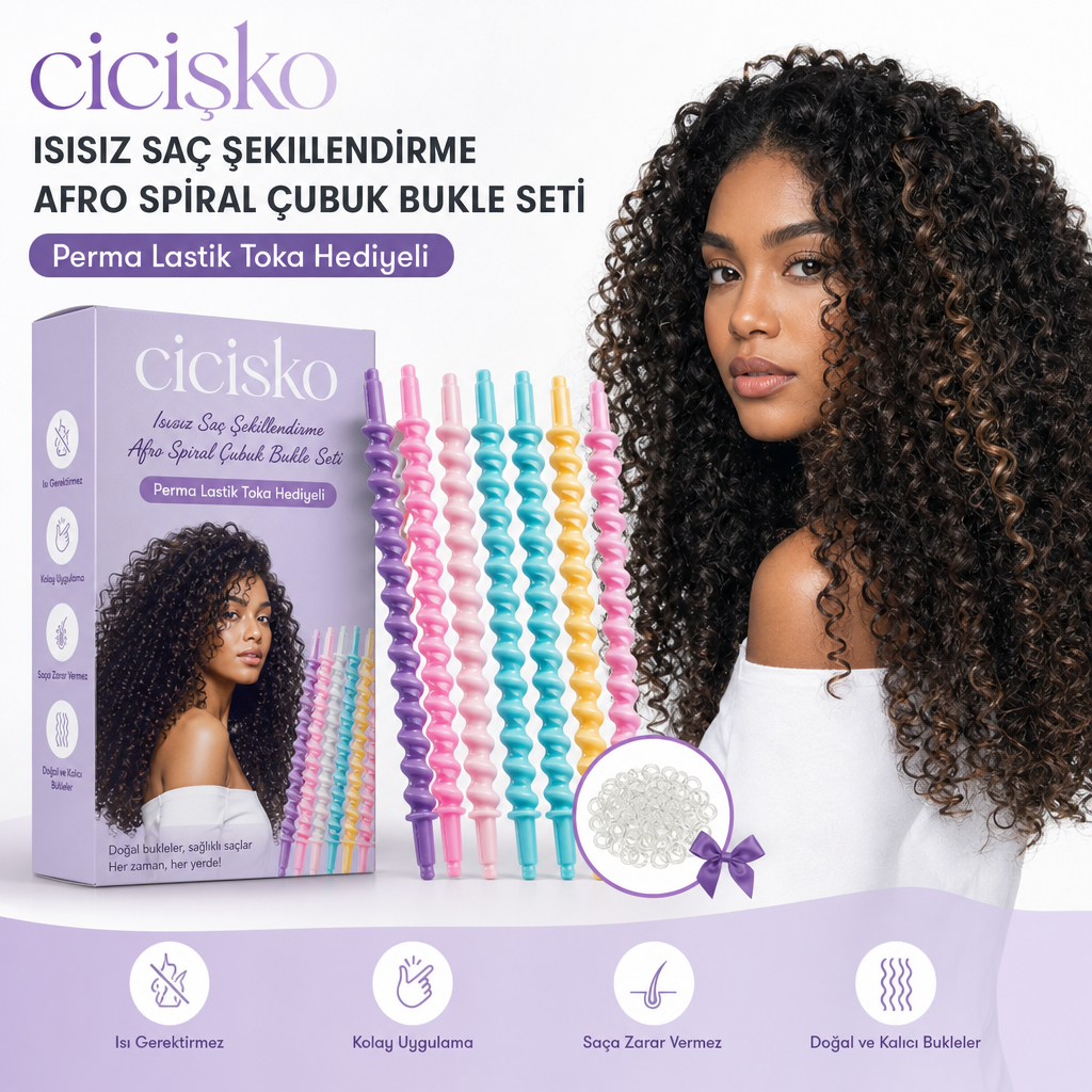Cicişko©- adın Isısız Saç Şekillendirme Afro Sert Spiral Çubuk Bukle Seti Perma Lastik Toka Hediyeli 30 Adet