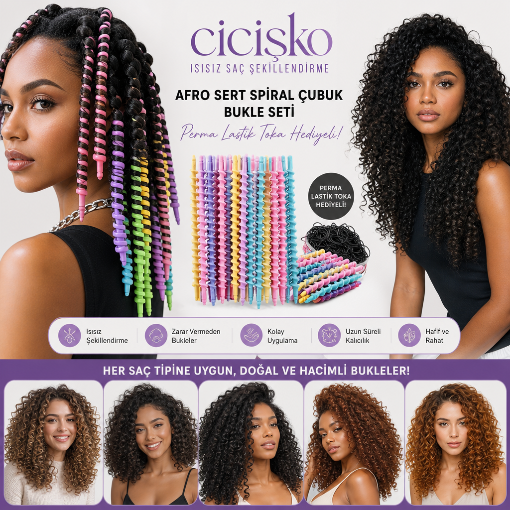 Cicişko©- adın Isısız Saç Şekillendirme Afro Sert Spiral Çubuk Bukle Seti Perma Lastik Toka Hediyeli 30 Adet