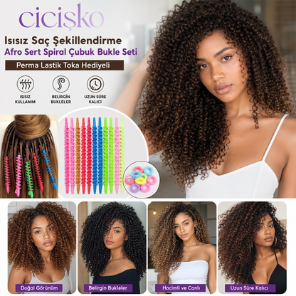 Cicişko©- adın Isısız Saç Şekillendirme Afro Sert Spiral Çubuk Bukle Seti Perma Lastik Toka Hediyeli 30 Adet