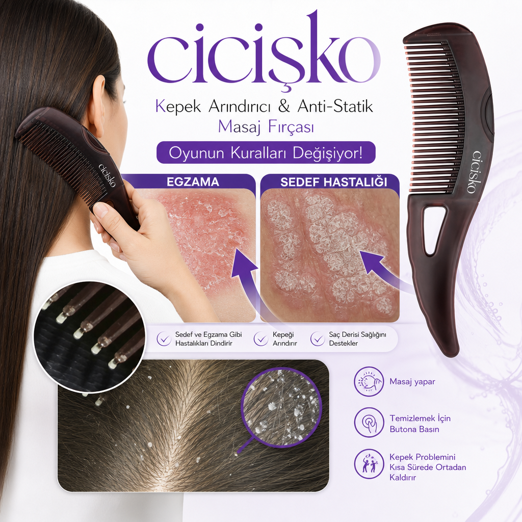 Cicişko©- Kepek Kaldırma & Anti-Statik Masaj Fırçası | Kendi Kendini Temizleme Özelliği