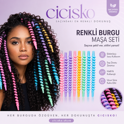 Cicişko©- adın Isısız Saç Şekillendirme Afro Sert Spiral Çubuk Bukle Seti Perma Lastik Toka Hediyeli 30 Adet