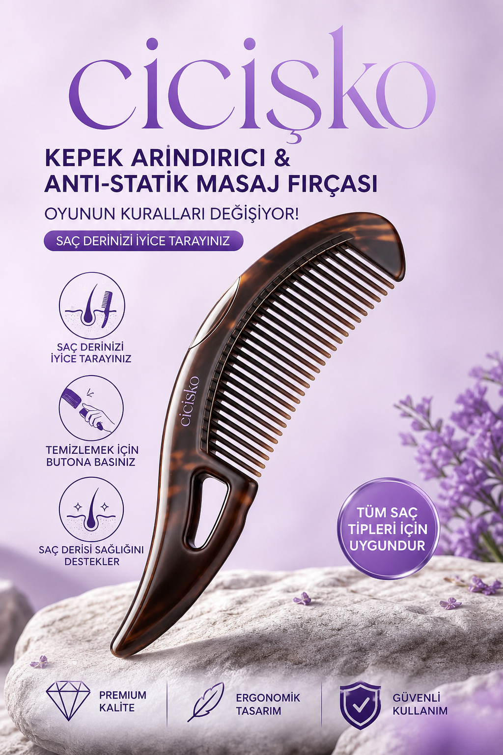 Cicişko©- Kepek Kaldırma & Anti-Statik Masaj Fırçası | Kendi Kendini Temizleme Özelliği
