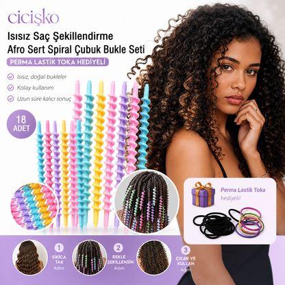 Cicişko©- adın Isısız Saç Şekillendirme Afro Sert Spiral Çubuk Bukle Seti Perma Lastik Toka Hediyeli 30 Adet