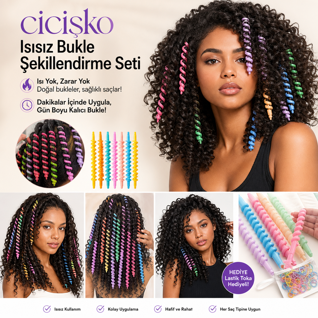 Cicişko©- adın Isısız Saç Şekillendirme Afro Sert Spiral Çubuk Bukle Seti Perma Lastik Toka Hediyeli 30 Adet