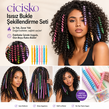Cicişko©- adın Isısız Saç Şekillendirme Afro Sert Spiral Çubuk Bukle Seti Perma Lastik Toka Hediyeli 30 Adet