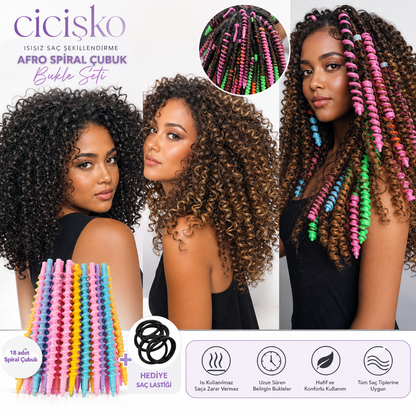 Cicişko©- adın Isısız Saç Şekillendirme Afro Sert Spiral Çubuk Bukle Seti Perma Lastik Toka Hediyeli 30 Adet